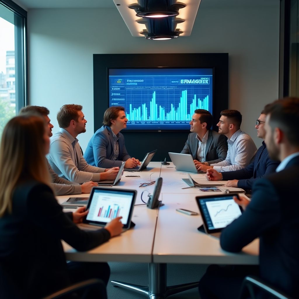 Equipo de profesionales financieros discutiendo estrategias de inversión